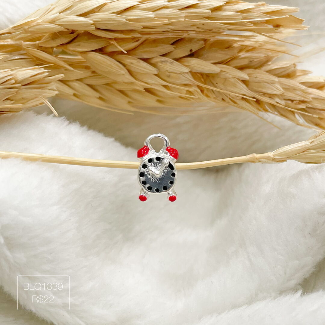 Berloque Relógio Analógico Passador Esmaltado Prateado